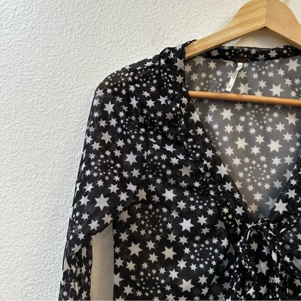 Free People Marne Star Print Sheer Mesh Tie Front‎ Coquette Blouse Top Size S